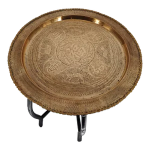 Vintage Indian Brass Tray Incised on Wood Folding Stand