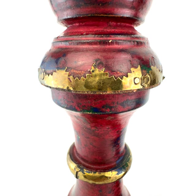 1970s Pair of Hand-Painted Red and Gold Wooden Candleholders With Brass Trim For Sale In Little Rock - Image 6 of 13