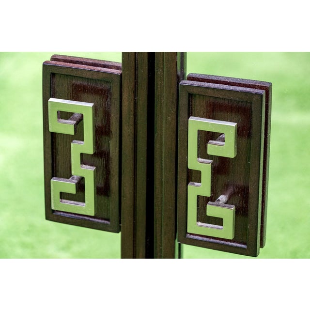 Vintage Post-Modern Chinese Mirrored Accent Cabinet With Fret Detail For Sale - Image 4 of 7