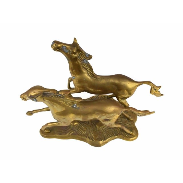 Mid-Century Modern Vintage Solid Gold Brass Running Wild Horses Equestrian Décor Figurine Model For Sale - Image 3 of 7