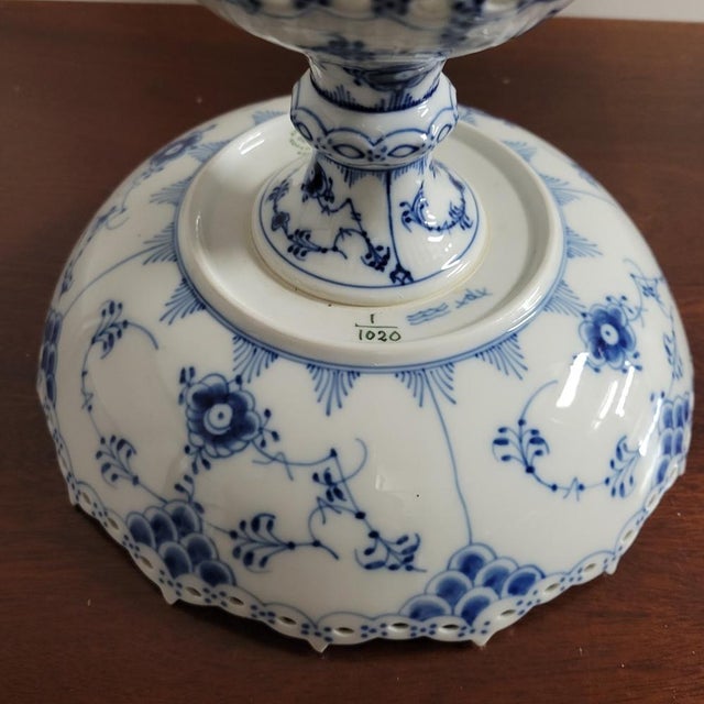 1969–73 Royal Copenhagen Blue Fluted Full Lace Porcelain Footed Compote No. 1/1020 For Sale In Raleigh - Image 6 of 9