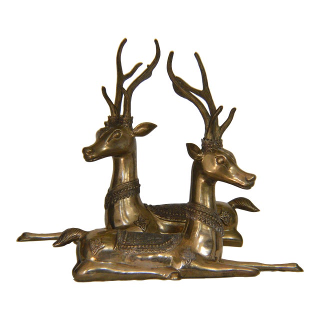 Large 1970s Brass Resting Deer Stag - a Pair For Sale