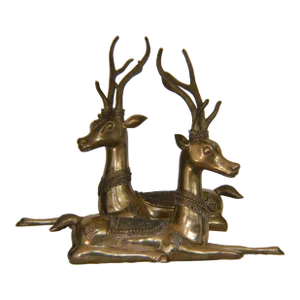 Large 1970s Brass Resting Deer Stag - a Pair