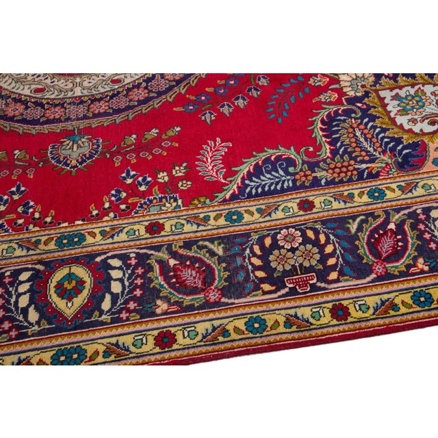 Textile 1920s Red Antique Tabriz Handmade Persian Wool Rug With Multicolor Shah Abbasi Desing For Sale - Image 7 of 11
