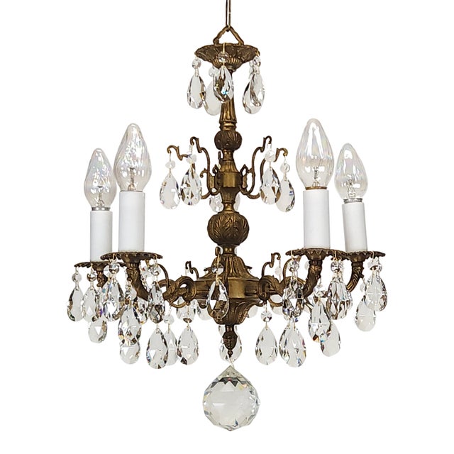 Antique 5 Arm 5 Light Dark Patina Ornate Brass Cut Lead Glass Crystal Chandelier For Sale