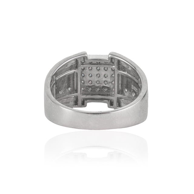 Modernist Heavy Sterling Silver Unisex Wide Band Ring With Round Pavé Moissanite Size 8 For Sale - Image 9 of 15
