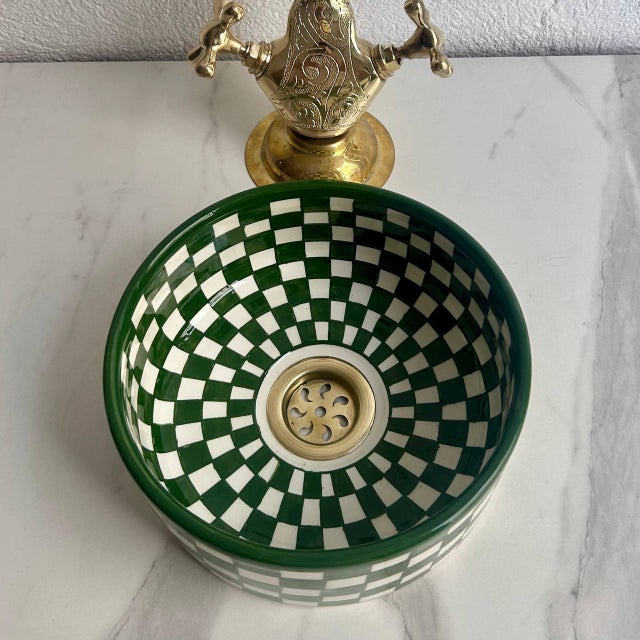 Not Yet Made - Made To Order Green Bohemian Check Paint Vessel Sink with Brass Drain For Sale - Image 5 of 8