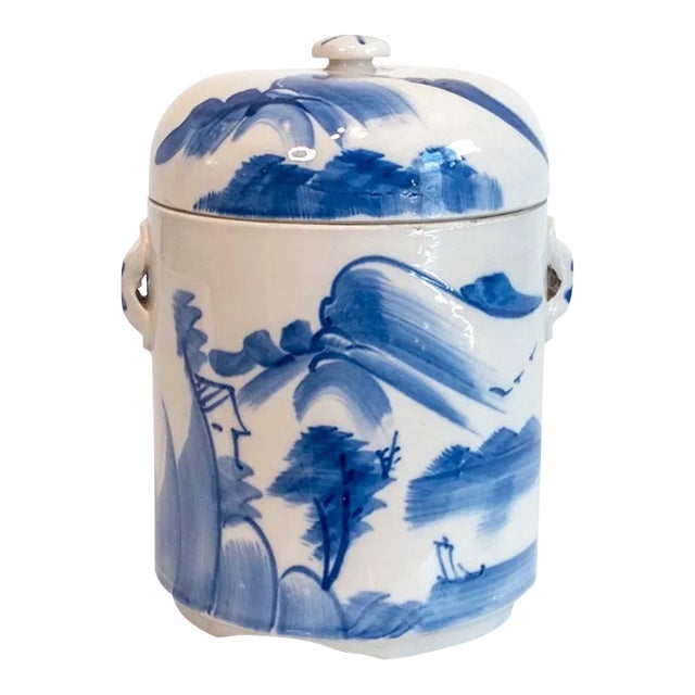 Chinese Porcelain Blue & White Landscape Tea Caddy or Storage Jar, Vintage Mid Century For Sale