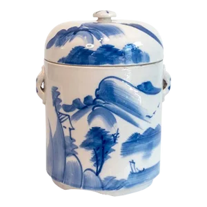 Chinese Porcelain Blue & White Landscape Tea Caddy or Storage Jar, Vintage Mid Century