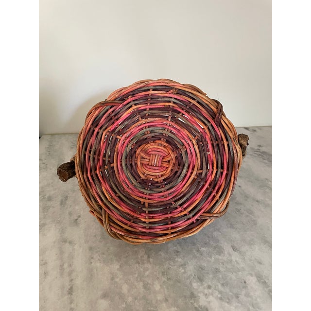 Wood Vintage Rustic Woven Basket With Branch Handle For Sale - Image 7 of 7