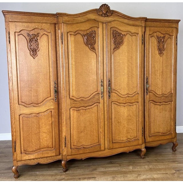 Vintage French Louis XVI Style Carved Oak 4-Door Wardrobe For Sale - Image 14 of 14