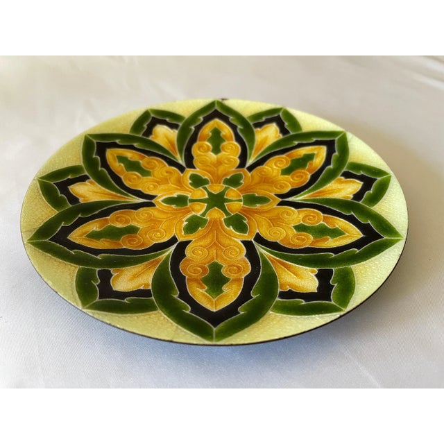 Mid-Century Modern Mid 20th Century Italian Green & Gold Mandala Enameled Copper Round Vide Poche Tray For Sale - Image 3 of 7