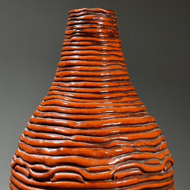Orange Vintage Hand Coiled Orange Postmodernist Glazed Ceramic Vase, Signed (1973) For Sale - Image 8 of 11