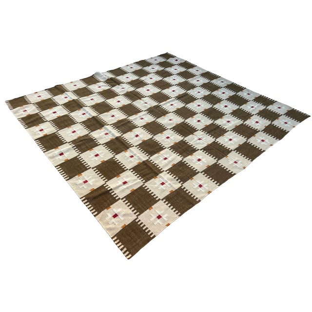 Casa Cosima Handmade New Zealand Wool Dhurrie, Brown and Cream Geometric Rug- 8'x10' For Sale - Image 4 of 16