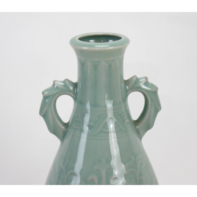 A Pair of 20th Century Celadon Vases With Handles For Sale - Image 4 of 8