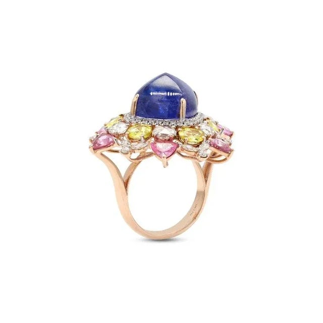 Art Deco Chic Multi Gemstone Diamond Cocktail Ring Size 7 in 14k Yellow Gold, 18.52 Ct For Sale - Image 3 of 7