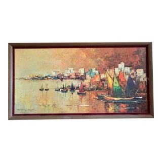 1960s Harry Winkler “CasaBlanca” Morocco MCM Print 0f Painting With Wooden Frame Urban Seaport Landscape For Sale