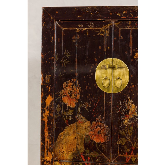 Qing Dynasty Hand-Painted Cabinet with Floral Décor, Doors and Drawers For Sale - Image 9 of 12