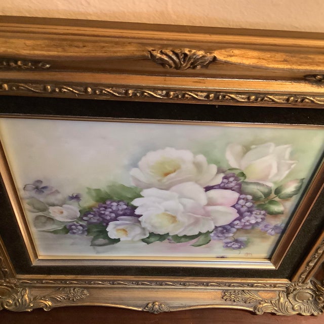 Hand Painted Porcelain Plaque Features White Cabbage Roses & Lavenders by Rose Reck For Sale - Image 10 of 13