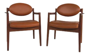 Jens Risom Design Oiled Walnut & Leather Upholstered Armchairs C.1965 - a Pair