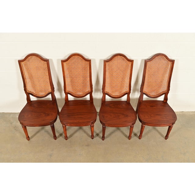 Karges Style French Regency Louis XVI Carved Teak and Cane Back Dining Chairs, Set of Four For Sale In South Bend - Image 6 of 14