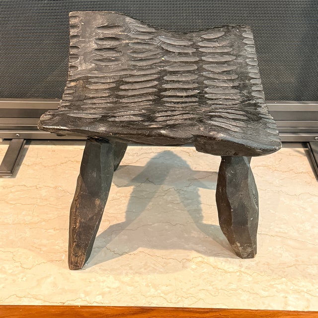Black Rustic Carved Wood Stool For Sale - Image 8 of 8