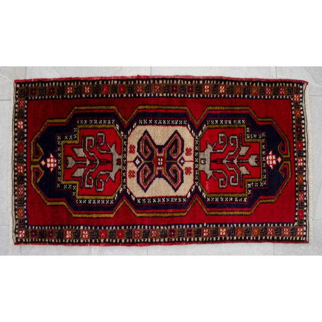 Textile Hand-Knotted Small Turkish Rug Colorful Entry Decor Doormat 21"x37" For Sale - Image 7 of 11