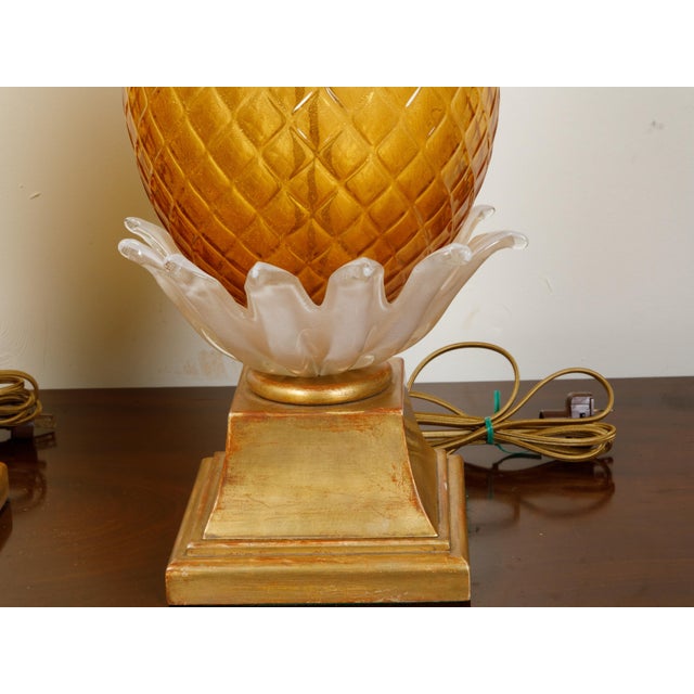 Wood Pair of Venetian Murano Glass Pineapple Style Table Lamps with Gilt Scrolls For Sale - Image 7 of 8