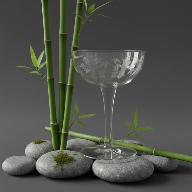 Graceful vintage Sasaki Noritake etched crystal champagne coupes featuring an elegant bamboo motif, produced in Japan...