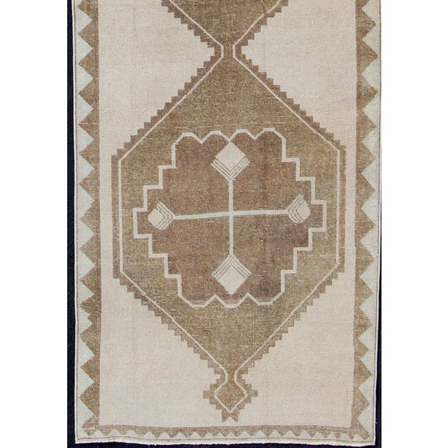Tribal Vintage Turkish Oushak Gallery Runner in Soft Beige and Taupe 3'8 X 13'4 For Sale - Image 3 of 11