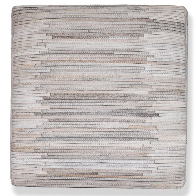 Handmade Cowhide Leather Ottoman Pouf 18x18x18 in Neutral Textured Patchwork For Sale In San Francisco - Image 6 of 10