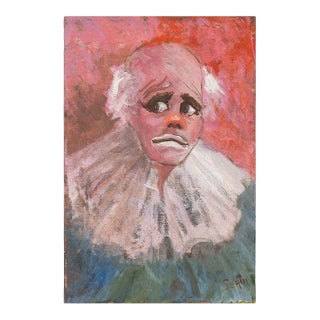 Signed Clown Portrait Oil on Canvas For Sale