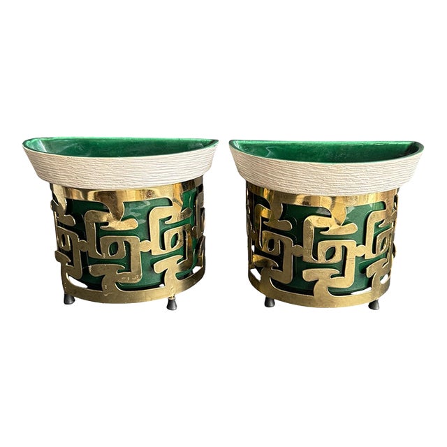 Vintage Miramar California Pottery Planters Wall Pockets Green Gold Mid Century Modern For Sale