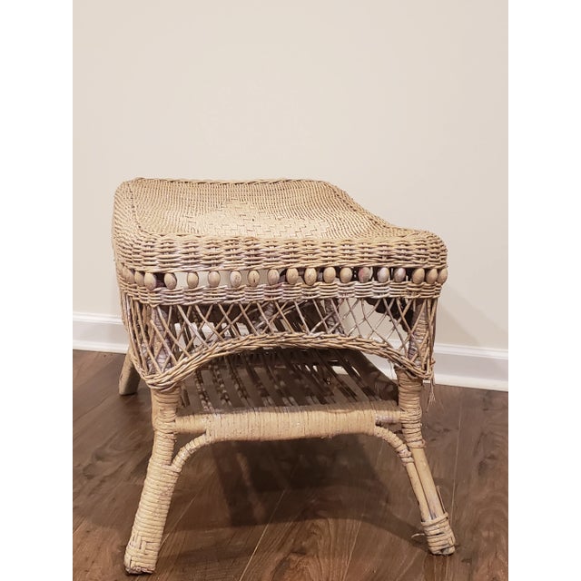 1950s Vintage 2 Tier Wicker Table With Intricate Wood Details in Original Antique Creamy White Paint & a Diamond Design on the Top For Sale - Image 11 of 12