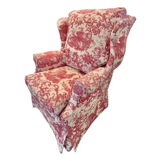 Custom English Wingback Chair in Red and Cream Heritage Toile by Brunschwig & Fils For Sale