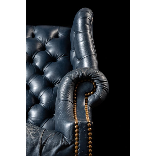 Wood Vintage Tufted Leather Chesterfield Armchair in Blue For Sale - Image 7 of 15