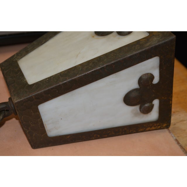 1910s Arts & Crafts Brown Cast Iron / Metal & Slag Glass Hanging Swag Light W/Plug Gothic For Sale - Image 14 of 18