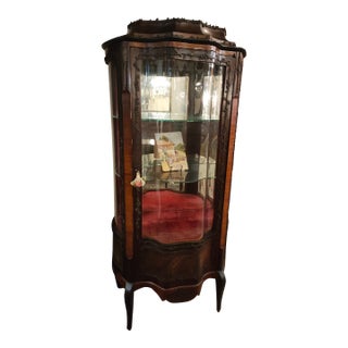 Antique French Curved Glass Vitrine With Hand-Painted Scenic Panels & Bronze Ormolu For Sale