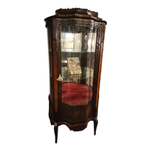 Antique French Curved Glass Vitrine With Hand-Painted Scenic Panels & Bronze Ormolu
