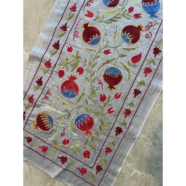 2010s Ivory Silk Suzani Table Runner With Pomegranates For Sale - Image 5 of 8