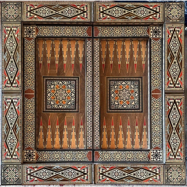 Coffee Vintage Marquetry Wood and Mother of Pearl Inlay Folding Game Table For Sale - Image 8 of 10