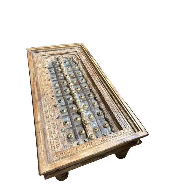 1920s Antique Indian Carved Door Coffee Table – Solid Wood With Patina & Brass Stud Accents 53x26.5 For Sale - Image 5 of 6