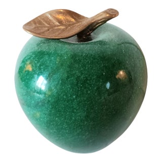 Vintage Green Marble Apple Paperweight With Brass Stem For Sale