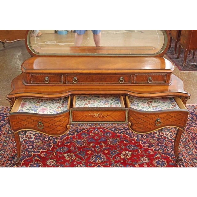 Brown French Louis XV Style Walnut Inlaid Acid Etched Vanity Circa 1920's For Sale - Image 8 of 16