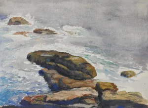 Antique Rocky Sea Coast Watercolor Painting