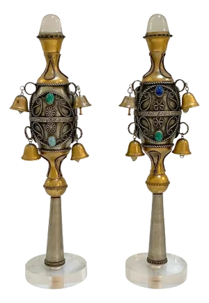 Rock Crystal Gem Stone, Silver & Gilt 8 Bell Judaica Torah/ Rimonim Finials - a Pair