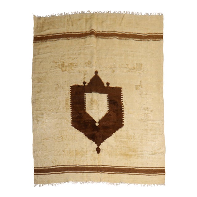 Vintage Ivory and Brown Turkish Mohair Rug - 5'2" x 6'3" For Sale