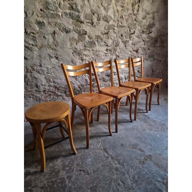 Vintage Baumann Bistro Chairs and Ottoman, France, 1950s, Set of 5 For Sale - Image 16 of 18