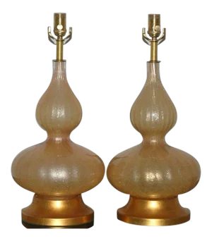 Vintage Gold Murano Glass Table Lamp Pair