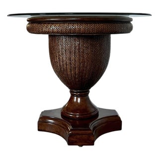 Woven Reed + Faux Leather Center Dining Table After Tommy Bahama 36" Glass Top For Sale
